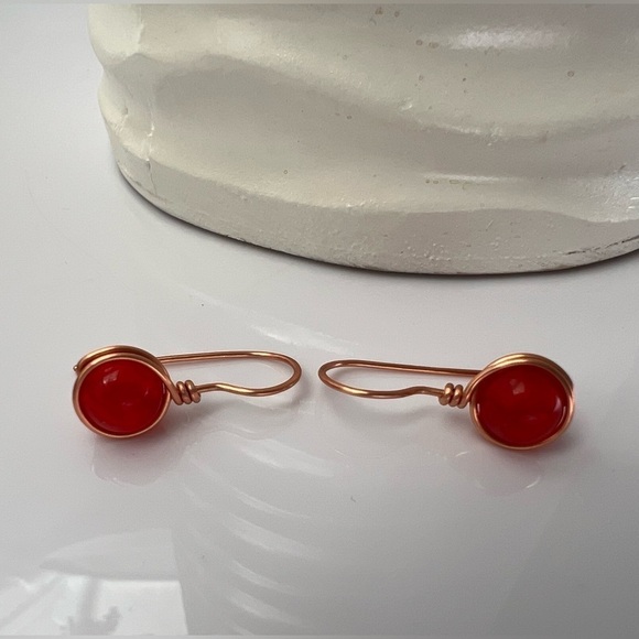 Red Jade and Copper Wire Wrapped Minimalist Earrings - Picture 12 of 13